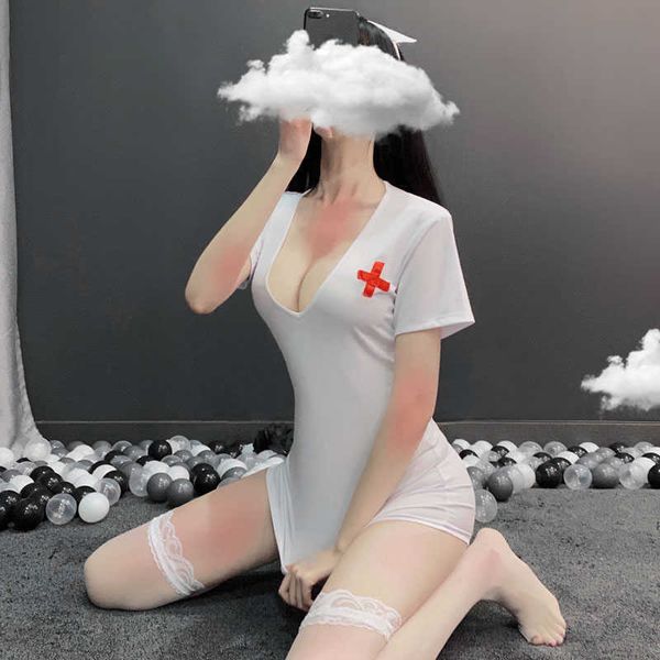 Vestido sexy Lencería Profesión Traje Uniforme Tentación Ángel erótico en blanco Enfermera Cosplay Disfraz Colegiala Y0913