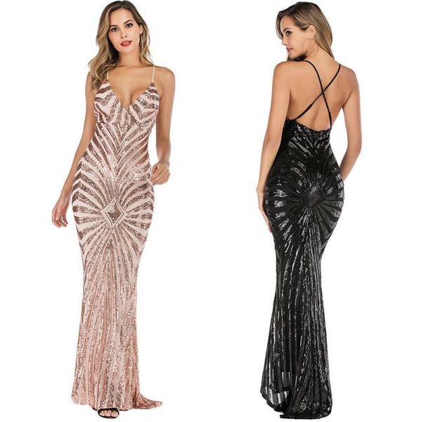 Robe sexy fronde dos nu longue robe col en V profond jupe forte élastique sequin robe de vadrouille haut de gamme aristocrate cadeaux près du corps