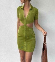 Sexy Dress Women New Summer Lapel Hollow Out Winist Exposed Manga corta Single Breaded Hips Party Mini Dress Vestidos 2104127450810