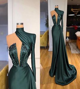 Sexy Dubai Elegante Emerald Green Mermaid Avondjurken Lange mouw Hoge Jewel Neck kralen kristallen Vrouwen formele jurk avond GOW9626516