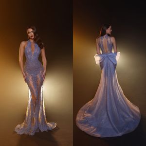 Sexy stoffige blauwe zeemeermin prom jurken boog terug illusie zie door kralen avondjurken vestidos de noche kanten feestjurk