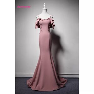 Sexy stoffig roze backless zeemeermin lange prom jurken 2023 abendkleider eenvoudige ruches prom jurken goedkoop formeel feestjurk elastisch