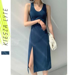 Sexy elegante bodycon jurk zomer effen blauw spleet kantoor dame mouwloze beroemdheid party club jurken vestido 210608