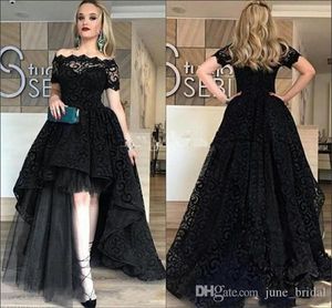 Sexy elegante hoge lage prom jurken een lijn off schouder mouwloze kant tule sweep trein avond feestjurken aangepaste vestidos de soiree
