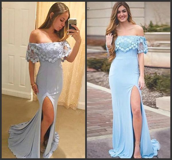 Sexy élégante lumière bleu ciel gaine robe de bal col bateau avec dentelle fendue côté étage longueur fête formelle robe de soirée personnalisée