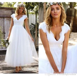 Sexy elegante witte kant trouwjurk thee lengte korte bruidsjurk tule rok cap sleeve bruidsjurken vestido de novia gelinlik