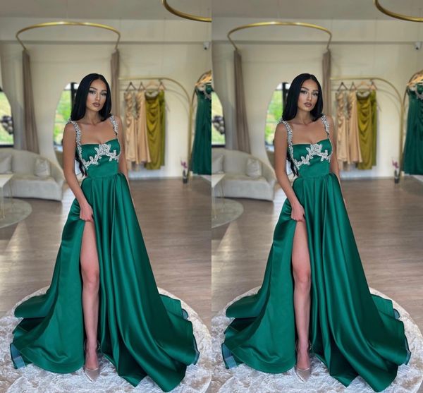 Sexy Emerald Green A Line Prom Robes Long for Women Spaghetti Stracts Side Slip Sprey Pleats Draped Party Robe Forme Formal Birthday Pageant Celebrity Evening