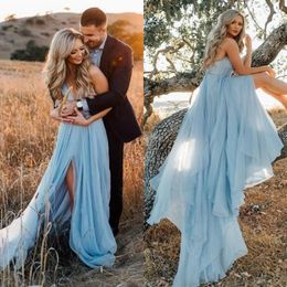 Robes de fête de fiançailles sexy pour femmes Spaghetti Strap sans fente High Slit A Line Train Sky Blue Tulle Boho Robe de soirée 272C