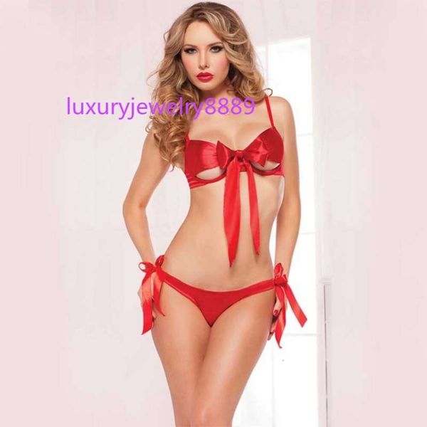 Lencería erótica Sexy para mujer, conjunto de lencería con Tanga y correa lateral con lazo en el coño, trajes rojos de Navidad, ropa interior