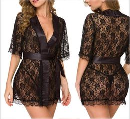 Lingerie érotique sexy plus taille langerie kimono robe satin noires pyjamas pour femmes baby doll g string5207057