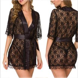 Sexy Erotische Lingerie Plus Size Langerie Kimono Jurk Satijn Zwart Nachtkleding Pyjama voor Vrouwen babypop G String233I