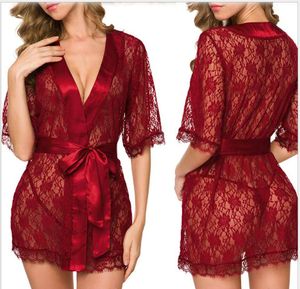 Sexy erotische lingerie plus size langerie kimono jurk satijn zwarte slaapkleding pyjama's voor vrouwen baby pop g string233i