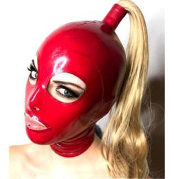 lingerie exotique sexy cagoules en latex rouge faites à la main avec perruque blonde queue de cheval cekc club porter des costumes fétiches costomize taille XSXXL L1797783