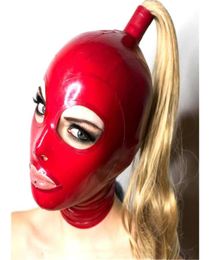 lingerie exotique sexy cagoules en latex rouge faites à la main avec perruque blonde queue de cheval cekc club porter des costumes fétiches costomize taille XSXXL L5938096