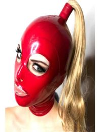 lingerie exotique sexy cagoules en latex rouge faites à la main avec perruque blonde queue de cheval cekc club porter des costumes fétiches costomize taille XSXXL L1738391