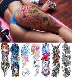 Tatuaje falso sexy para mujer, tatuajes temporales a prueba de agua, pierna grande, muslo, cuerpo, pegatinas de tatuaje, peonía, flores de loto, pez, dragón Y11252722413