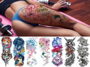 Tatuaje falso sexy para mujer, tatuajes temporales impermeables, pierna grande, muslo, cuerpo, pegatinas de tatuaje, peonía, flores de loto, pez, dragón Y11256284937