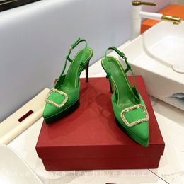 Sexy mode groene puntige teen slingback sandalen dames zomer nieuwe stijl luxe spiegel kwaliteit echt leer bruiloft jurk schoenen met doos