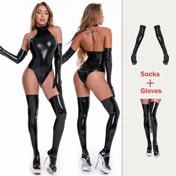 Sexy Faux Leather Bondage Bodysuits Sexi Teddy Lingerie Mujeres Body erótico con guantes y calcetines Mistress Sex Disfraces