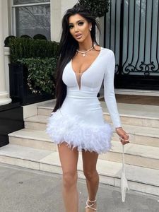 Sexy Feather mini robe élégante en mailles blanches corporelcon luxe femme soirée d'anniversaire de fête de fête