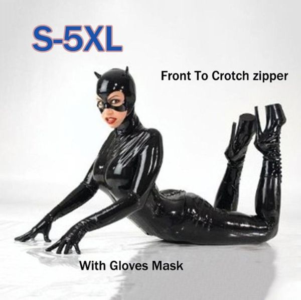 Sexy mujer de cuero de imitación de látex traje de Catwoman máscara guantes Wetlook Bondage Catsuit mono flexible Clubwear LY19127710613