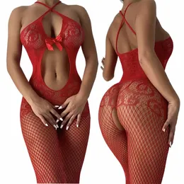 Sexy fishnet holle bodystocking zie door lg mouw open kruis vol bodysuit dames sexy lingerie erotisch ondergoed q94a#