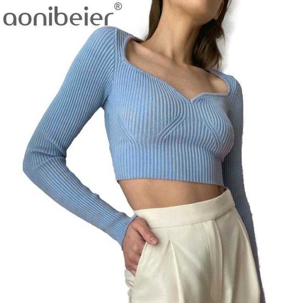 Sexy Fitted Col V Femme Pulls Automne Femmes Vêtements Pull tricoté Pull à manches longues Crop Tops Drop Tee 210604