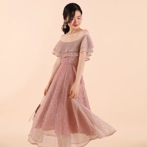 Sexy Flare Jurk Sheer Mesh Gelaagde Ruffle Off The Shoulder Pink Women Night Club Party Elegante Avond Vestidos 210608