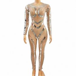sexy Fling Rijnstes Sier Pailletten Spiegel Transparante Jumpsuit Avond Verjaardag Vieren Kostuum Dance Party Bodysuit I2Kk #