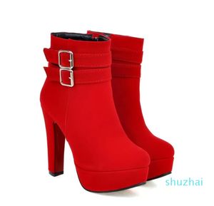 Bottines Sexy pour femmes, bottines à talons hauts, plateforme, automne-hiver, bottes courtes avec boucle, rouge et noir, ZB078