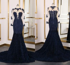 Sexy bloemen bloemen kant applique avond prom jurken zeemeermin met illusie lange mouw marine blauwe formele elegante jurk avondkleding echt