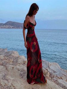 Sexy Floral Printi Beach Dress Women See Through Mesh Tie-dye Female Maxi Dresses 2023 Summer Evening Party Chic Lady Robe