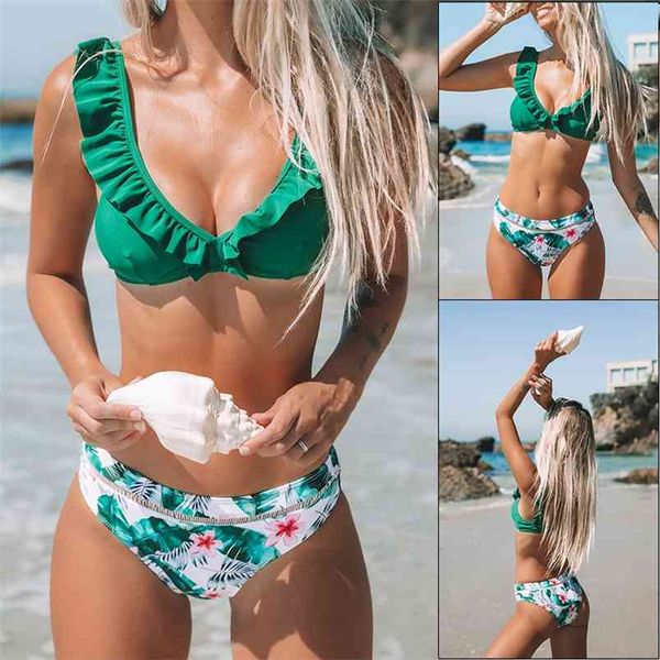 Conjunto de Bikini con dobladillo con volantes florales sexy para mujer, traje de baño de dos piezas con cuello en V y cintura alta, traje de baño para playa para niña, traje de baño Biquinis 210629