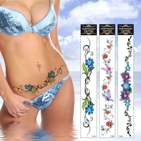 Sexy flor ombligo tatuaje pegatinas vientre largo Abdomen cintura espalda brazo muslo pecho impermeable tatuajes temporales para mujeres niñas