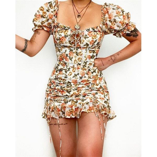 Sexy fleur imprimer femmes robes d'été taille haute col carré cordon pli court manches bouffantes Chic a-ligne Mini robe 220516