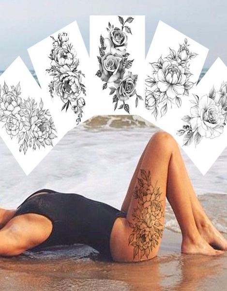 Fleur sexy tatouage temporaire pour femmes peinture art corporel jambes de bras tatolet autocollant réaliste réaliste noir tatouage imperméable de rose noir5401723