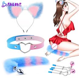 Sexy Fox Tail Plug Anal Oreilles De Chat Mignonnes Bandeaux Ensemble Clip De Mamelon Collier En Métal Butt Plug Couple Cosplay Pour Adultes Sex Toys 240315