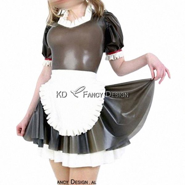 Sexy French Maid Latex Dr con cremallera de abril en la espalda y lazos rojos Uniforme de goma Bodyc Playsuit LYQ-0138 G8uw #