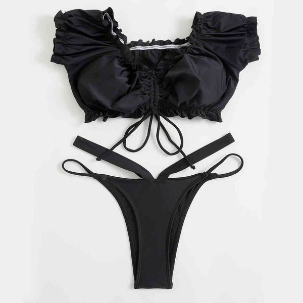 Sexy frisado guarnição bardot bandeau bikini preto maiô feminino mulheres swimwear duas peças conjunto lace up banhista 210520