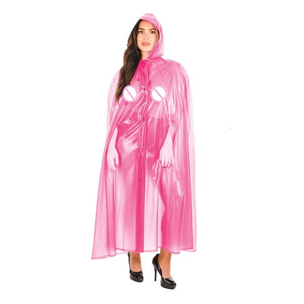 Cape longue sexy boutonnée sur le devant, coupe-vent transparent, cape à capuche, ponchos en cuir PVC transparent, lingerie érotique pour femmes, costumes d'anime