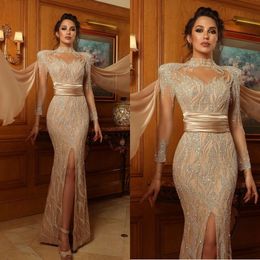 Sexy Front Split Mermaid Prom Dresses Hoge Hals Lange mouw Kralen Crystal Avondjurk Vloer Lengte Formele Toga Party Wear