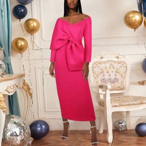Sexy fuchsia sheath prom jurk 2023 van de schouder v nek boog enkel lengte avond formele feestjurken verjaardag gewaad de soiree