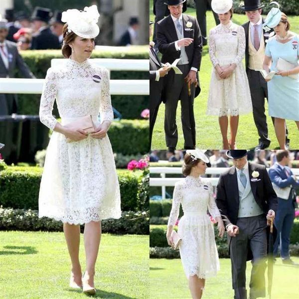 Vestido de madre de la novia de encaje completo sexy con mangas largas Vestidos formales de Kate Middleton Cuello alto Hasta la rodilla Vestidos de madres 236a