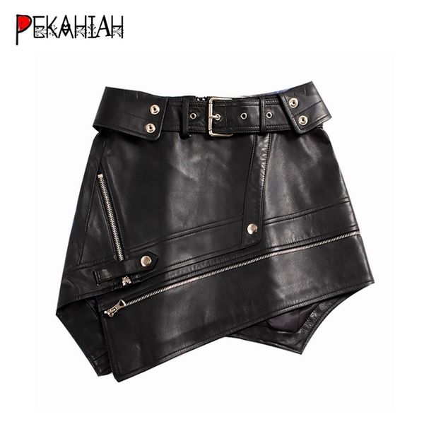 Sexy piel de cuero mini faldas para mujer cremallera punk rock cinturón falda streetwear negro cintura alta faldas femeninas faldas mujer 210311