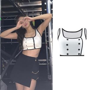 Sexy meisje dansen dame crop top witte mouwloze shirt vrouwen dubbele knoppen cool chemise femme camiseta feminina camisa mujer 220325