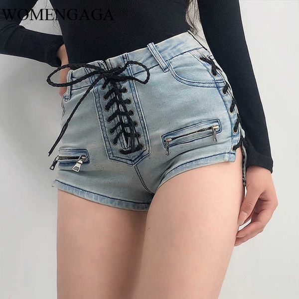 Sexy Girl Femme Bow Femmes Lace Up Cowboy Shorts Skinny Denim Élasticité Réglable Strapon Jeans Courts KEM7 210603