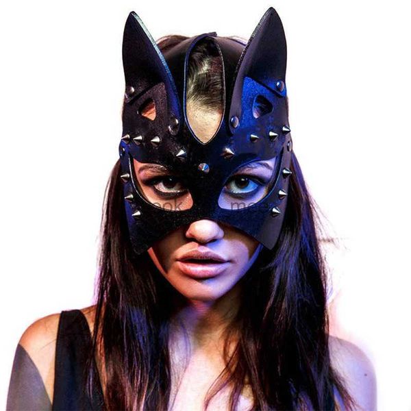 Sexy Girl Party Black Eye Mask Fetish Cat Head Bdsm para mujeres Masilla de gato de cuero HKD230810