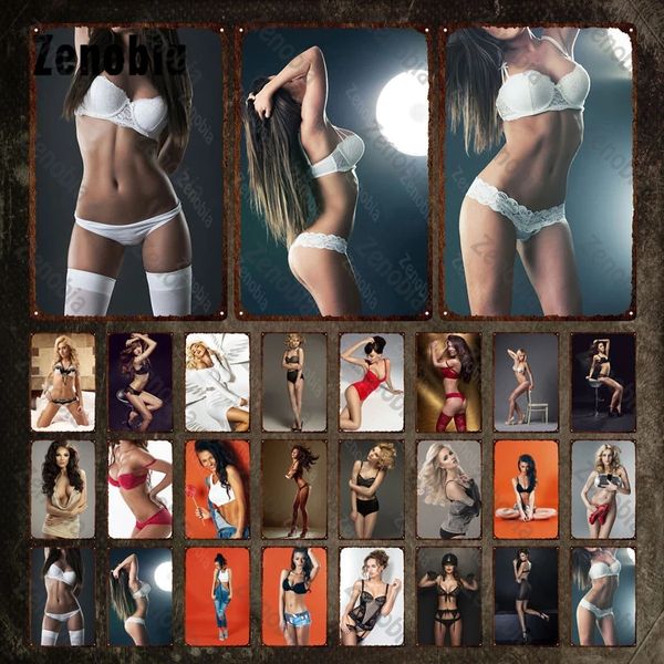 Sexy Girls Métal Peinture Affiche Sous-Vêtements Soutien-Gorge Sexy Photo Modèle Vintage Tin Sign Figure Fer Peinture Stickers Muraux pour La Décoration De La Chambre 30X20cm W03