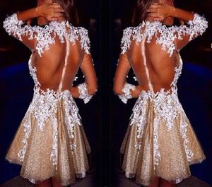 Robes de soirée de bal courtes filles sexy dentelle blanche appliques champagne bling tulle a-ligne col haut creux voir corps de pensée pas cher retour