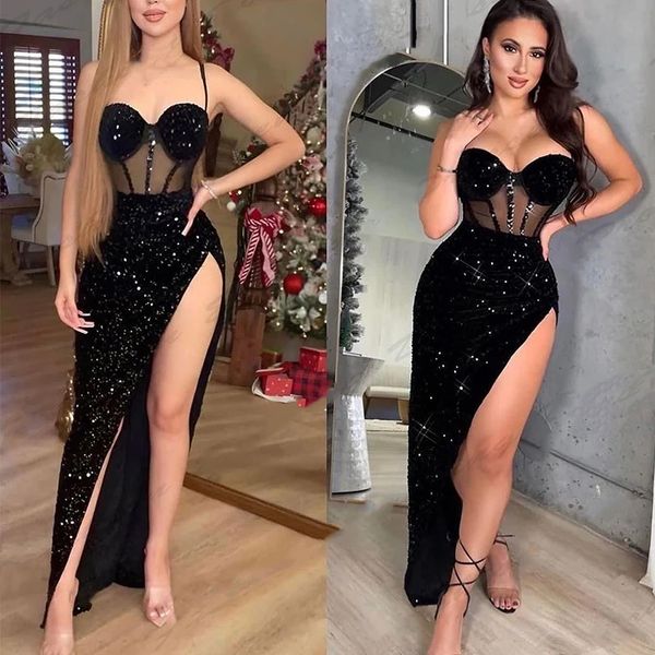 Sexy Glitter Negro Sequine Vestidos de graduación Spaguhetti dividido alto Vestido de ocasión especial para mujeres 2024 Escote corazón de novia Ilusión Ilusión Vestena